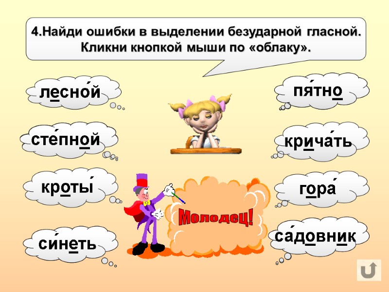 садо́вник пятно́ 4.Найди ошибки в выделении безударной гласной. Кликни кнопкой мыши по «облаку». лесно́й